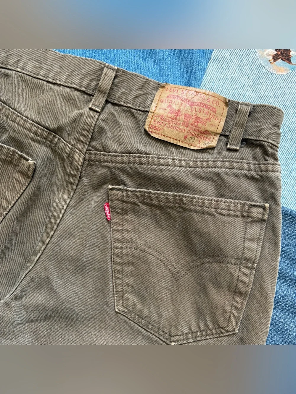 vintage levi’s 550 denim pants army green made in usa relaxed fit 32x28